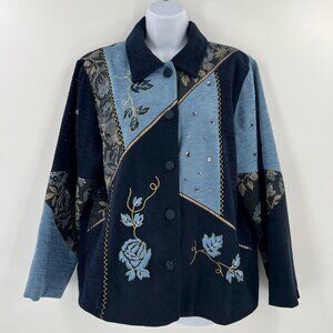 Graff Petite Large PL Patchwork Jacket Blue Embroidered Floral Embellished Lined